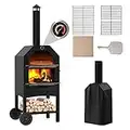UDPATIO Outdoor Pizza Oven Wood Fired, Wood Pizza Ovens for Outside with Waterproof Cover, Pizza Stone, Peel, 2 Layer Steel, Freestanding Steel Oven with 2 Wheels for Kitchen BBQ Backyard Party