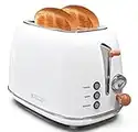 Toaster 2 slice, KitchMix Retro Stainless Steel Toaster with 6 Settings, 1.5 In Extra Wide Slots, Bagel/Defrost/Cancel Function, Removable Crumb Tray (White)