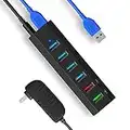 USB Hub, Aiibe 6 Ports Super High Speed USB 3.0 Hub Splitter + 24W Power Adapter + USB 3.0 Cable, Black Smart Fast Charger USB Hub Powered for Laptop, Mac, PC, Mobile HDD, Multiple Devices (Black)