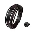 JewelryWe Schmuck Personalisierte Herren Armband mit Gravur, Geflochten Mehrreihiges Lederarmband mit Edelstahl Magnetverschluss Verstellbar Armreif Manschette schwarz