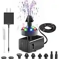 24-Hours Working Bird Bath Fountain Pump, Jutai Adjustable Quiet Water Pump with LED Lights for Birdbath,Garden,Small Fish Tank,Pond - with 7 Nozzles,16.4Ft Power Cord and Adapter Included(Colorful)