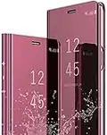 Coque pour Samsung Galaxy A12 Transparent Clear View Flip Folio Case + Verre trempé Film Protecteur Placage Miroir Effet Coquea Rabat Rigide PU Cuir Ultra Fine Hybrid Etui (Rosa)