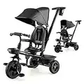 COSTWAY Toddler Tricycle, 4 in 1 Kids First Bike Stroller with Reversible Seat, Adjustable Parent Handle & Canopy, Foldable Footrest, Double Brakes Push Baby Trike for 1-5 Year Old (Black)