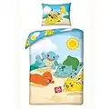 Halantex Bettwäsche Bettgarnitur Pokemon Pikachu Kinder 2 TLG. Bett Set 140x200 +70x90 cm Kissenbezug Beige Blau Gelb Baumwolle Öko-Tex