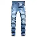 Lu's Chic Men's Stacked Jeans Skinny Ripped Fashion Stretch Side Striped Distressed Denim Pants, Blue, X-Large