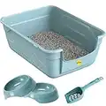 Blue Large Cat Open Litter Tray Box +2x 0.35L Bowls +Waste Scoop Set High Sided Deep Toilet Loo Adult Cats Kitten Pan Pet Loo Easy Cleaning Lowered Entry Step 11.5cm Easy Access Bowl Trays CatCentre®