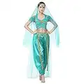 IBTOM CASTLE Costume da principessa Jasmine da donna, costume da principessa Jasmine Aladdin, costume da adulto Belly Dancewear per compleanno, Natale, Halloween, carnevale, cosplay, verde XL