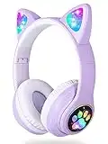 Kids Headphones, LAIBUY Cat Ear LED Light Up Foldable Bluetooth Headphone for Kids,2 in 1 Wired/Wireless Mode HD Stereo Sound for PC/Phone/iPad/Study/Travel (Purple)