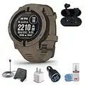 Garmin Instinct 2 Solar - Tactical Edition Smart Watch Coyote Tan (45MM) + Wireless Headphones + Watch Charging Stand + USB Car/Wall Adapter + 6Ave Cleaning Kit (010-02627-14)