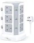 Tower Extension Lead by KOOSLA, [13A 3250W] Surge Protector - 12 AC Outlets & 6 USB Ports Multi Plug Socket Power Strip with Heavy-Duty Extension Cable 2m for Home, Office White