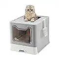 Suhaco Cat Litter Tray with Lid XXL Foldable Large Top Entry Cat Litter Box with Pet Litter Shovel, Covered Kitten Litter Tray with Drawer Pan Leak-Proof Cat Potty (Gray)