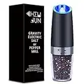 Gravity Salt and Pepper Mill with Adjustable Coarseness Automatic Pepper and Salt Grinder Battery Powered with Blue LED Light,One Hand Operated,Brushed Stainless Steel by CHEW FUN