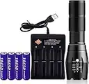 JJH Bright Flashlight Torches, 4 Slot Universal Charger, w/4 Rechargeable Top Button 3.7v Lithium Batteries, Smart Charger for Outdoor Camping, Cycling, Night Fishing