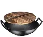 Bruntmor, Pre-Seasoned Cast Iron Wok, Black, 14-inch w/ Large Loop Handles & Flat Base With Wooden Lid