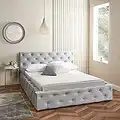 Home Treats Double Bed Frame Chesterfield | Upholstered Bed Velvet | Deluxe Grey Button Studded Bed Frame | Double 4ft 6