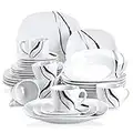 VEWEET TERESA 30pcs Service de Table Porcelaine 6pcs Assiette Plate/Assiette à Dessert/Assiette Creuse/Tasse avec Soucoupes pour 6 Personnes Vaisselles Céramique Design Moderne Ligne Noir