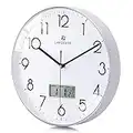 Lafocuse Silent Kitchen Wall Clock with Date and Day Temperature,Silver Wall Clocks for Living Room Modern Bedroom,LCD Display Quartz Digital Wall Clock Battery Operated for Office 12 Inch