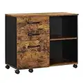 VASAGLE Caisson 3 tiroirs,Meuble Rangement Bureau avec Compartiments Ouverts,Sideboard, pour Format A4, Documents, Support d'imprimante, Style Industriel, Marron Rustique et Noir OFC041B01