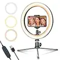 LED Dimmable Desk Makeup Ring Light 10" with Tripod Stand & Phone Holder for Live Streaming & YouTube Video,Photography, Shooting with 3 Light Modes & 10 Brightness Level