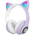 Cuffie Bluetooth per Bambini con Orecchie da Gatto, Woukksy Pieghevole Wireless Cuffie con Luci a LED e Microfono, Over-Ear Cuffie per Ragazza/Ragazzo, Adatto per L'apprendimento/Viaggio -Viola