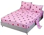 Cute Strawberry Bedding Sheet Set Queen Size,Kawaii Fruit Strawberry Print Sheet Set 4PCS for Kids Teens,Ultra Soft and Easy Care,Durable Wrinkle Free, Pink
