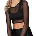 TUDUZ Damen Langarm Pullover, Frauen Langarm Shirt Transparent Tüll Mesh Bluse Body T-Shirt Tunika Tops Schwarz (Z2-Schwarz, EU36/S)