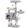 Heybly Cat Tree with Toy, Cat Tower condo for Indoor Cats, Cat House with Padded Plush Perch, Cozy Hammock and Sisal Scratching Posts, Light Gray HCT004SW