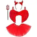 4pc Red Devil Costume Womens Halloween Costume - Red Devil Wings Red Devil Horns Devil Fork Tutu Devil Outfit - Ladies Devil Costume Women Devil Accessories - Fallen Angel Costume Red Wings Devil