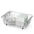 JAQ Dish Drainer Rack in Sink Adjustable 14.96" to 20.59", Expandable 304 Stainless Steel Metal Dish Drying Rack Organizer Shelves with Stainless Steel Utensil Holder Over Sink Counter