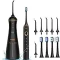 Water Flosser and Ultrasonic Electric Toothbrush Combo, Cordless Dental Oral Irrigator with DIY Modes 6 Jet Tips & 4 Brush Heads, LCD Display, 300ML IPX7 Waterproof Teeth Cleaner for Braces Care