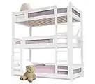 Triple Bunk Bed, 3ft Wooden Bunk Beds With Ladder Triple Sleeper Kids Bunk Bed, Solid Pine Wood Single Bed frame For Kids Children Home (White, L197 cm x W104.5 cm x H197.5 cm)