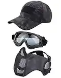 Hodeacc Taktische Airsoft-Maske, Baseballkappen-Set, verstellbare halbe Gesichtsmaske, mit Ohrenschutz, Airsoft-Brille, Augenschutz, Outdoor-Hut für Airsoft/BB/CS-Spiele, 3 Stück