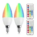 Lampadina a Candela E14 RGB Colori 3W Dimmerabile, Lampadine a LED Colorate C35 E14 LED a Luce Colorata 12 Colori, Telecomando Bianco Freddo, Funzione di Memoria e Indicazione Dell'ora per Feste, Casa