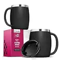 Insulated Stainless Steel Coffee Cups (Set Of 2) BPA-Free Spill Proof Lid- Double Wall Camping Travel Mugs With Handle- Tough & Shatterproof Coffee & Tea Mug, Takeaway Coffee Cup for Hot Drinks- 414ml