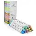 Professional Brush Tip Markers Set of 12 Pastel Colored Manga Markers for Drawing Sketching Illustration - Tones of Blue Purple Green Pink Brown Orange Yellow Gray