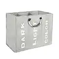 YORKING 3 Section Laundry Basket Foldable lights and darks Large Laundry Bag Collapsible Storage Washing Hamper Bin Folding Dirty Clothes Bag for Bedroom Bathroom (Light Grey)