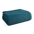 BELIZZI HOME 100% Cotton Bed Blanket, Breathable Thermal Blanket Full - Queen Size, Soft Chevron 90''x90'', Perfect for Layering Any All Season, Teal