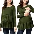 Buliezy Tops de Enfermería Manga Larga Camiseta de Lactancia para Mujer en Capas de diseño Camisas de Lactancia Materna Cuello Redondo Verde Blusa de Mujer Primavera/otoño,XXL