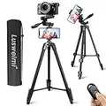 Lusweimi Tripod for iPhone/Camera, 55-Inch Selfie Phone Tripod Stand with Wireless Remote&2 Phone Holders, Aluminum Lightweight Tripod Bag for Video/Vlog/Photography/Nikon/Canon/Sony Mirrorless