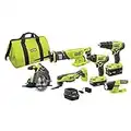 Ryobi P1819 18V One+ Lithium Ion Combo Kit (6 Tools: Drill/Driver, Impact Driver, Reciprocating Saw, Circular Saw, Multi-Tool, LED Worklight, 4.0 Ah & 1.5 Ah Battery, Charger, Bag)