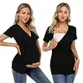 KOJOOIN Camiseta de maternidad de enfermería de manga corta con cuello en V y lactancia materna Tops plisado frontal ropa de maternidad túnica de embarazo, Negro-01, XL