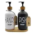 Mowane Soap Dispenser 2 Pack, Plastic 16Oz Hand and Dish Soap Dispenser with Bamboo Pumps and Tray Kitchen Farmhouse Bathroom Décor (Black+White)