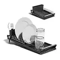 Clove Compact Expandable Dish Drainers Black with Drip Tray, Movable Cutlery Holder, Stainless Steel Dish Drying Rack, Extendable Dish Drainer Rack Single Tier Black Grey Drain Board (black)