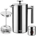 Mueller French Press Double Insulated 310 Stainless Steel Coffee Maker 4 Level Filtration System, No Coffee Grounds, Rust-Free, Dishwasher Safe