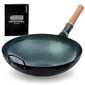 YOSUKATA Blue Round Bottom Wok Pan – 14" Woks and Stir Fry Pans - Chinese Hammered Pow Wok Carbon Steel Wok - Traditional Chinese Japanese Woks - Blue Steel Wok (14", Blue)