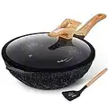 Chinese Wok Nonstick Die-casting Aluminum Dishwasher Safe Scratch Resistant PFOA Free Induction Woks And Stir Fry Pans with Glass Lid 12.6 Inch (black)