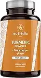 Curcuma Bio Turmeric con Pepe Nero e Zenzero - Potente Antiossidante e Antinfiammatorio con Curcumina e Piperina 100% Vegetale - 120 Capsule Nutridix