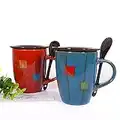 12 Oz Hand Painted Coffee Mug Set（Set of 2),With Lid and Spoon Unique Retro Ceramic Tea Mug,Microwave and Dishwasher Safe,Cappuccino Cups，Latte Cups (Blue and red)