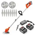MAXMAN Weed Wacker Grass Trimmer/Edger Battery Powered,21V Cordless Weedeater Lightweight Electric Brush Cutter with 2 Batteries and Charger,10Pcs Metal Blades Lawn Tool for Home Garden Yard Trimming