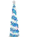 5 Ft Prelit Pencil Christmas Tree Decor Timer 50 Warm Lights Star Sequins Battery Operated Tinsel Pop Up Slim Artificial Xmas Tree Home Party Indoor Outdoor Christmas Decoration